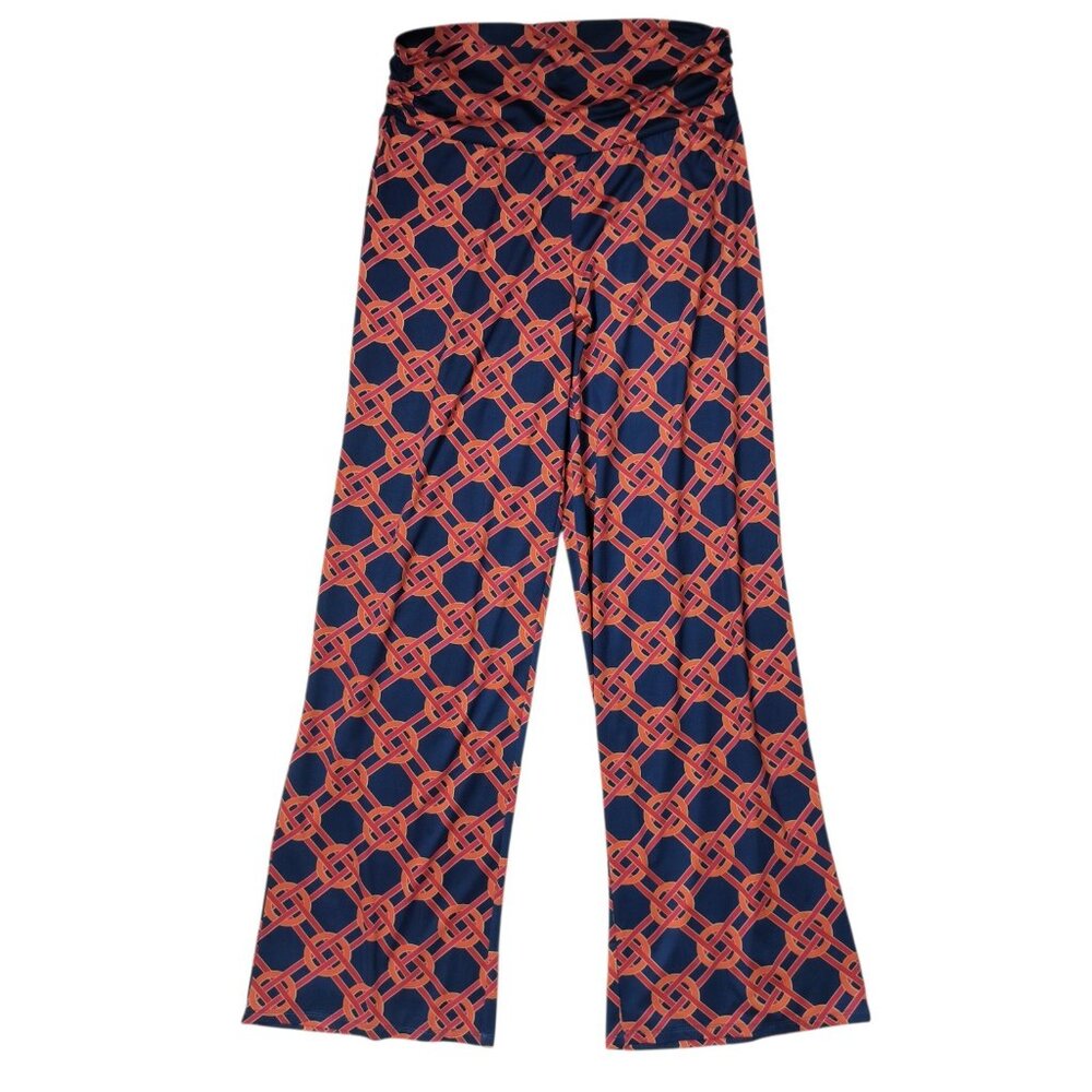 Mud Pie Harlow Wide Leg Stretch Pants Navy & Orange Lattice Women's Small NWT